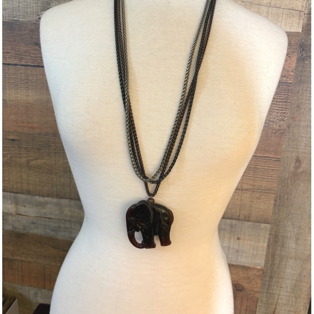 Boho Multi Strand Layered Chain Necklace Large Carved Brown Elephant Pendant